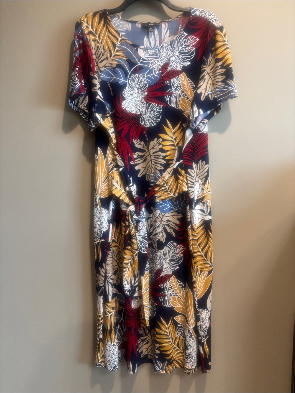 R&K Navy Floral Tie-Front Midi Dress with Mustard & Red Leaves